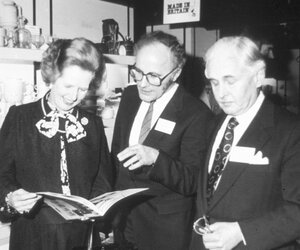 Image: Drive Forward exhibition. PM M. Thatcher (L), Keith Grant, DC Director (C) and Sir William Barlow, DC Chairman (R) - 1984 ©Design Council / University of Brighton Design Archives
