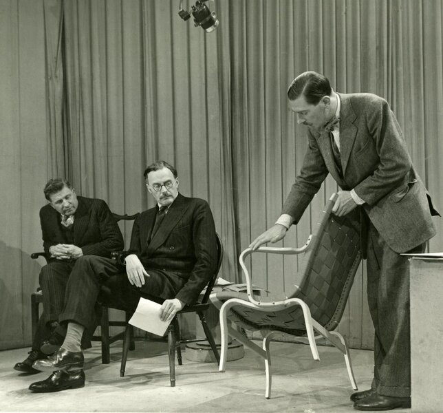 (Image: Design Centre TV Broadcast – What is it in a chair – October 1947 – centre: Sir Gordon Russell, the Council’s Director 1947-59 ©Design Council / University of Brighton Design Archives)