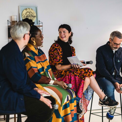 Design Made it Possible: Career pathways into design From left to right: Jane Anderson (BCU) Venessa Scott (Public Artist) Cat Drew (CDO Design Council) Phil Garnham (Monotype UK) CREDIT Thom Bartley